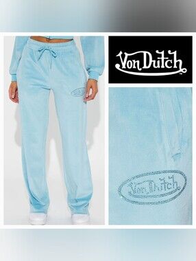 Von Dutch Women’s Blue Velour Rhinestone Logo Y2K Retro Wide Leg Sweatpants Sz L